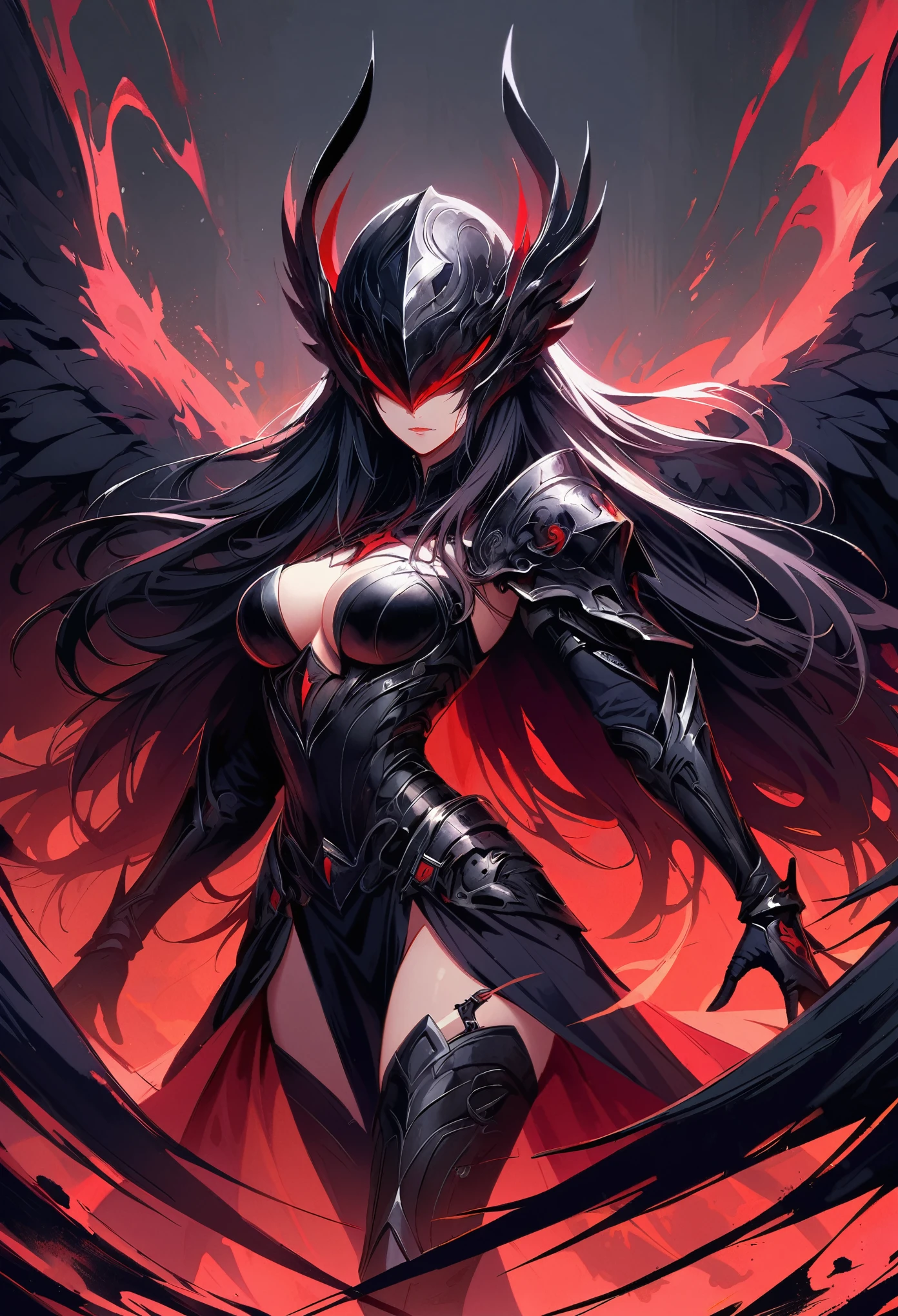 The devil has black hair, red eyes, long hair, a red mesh mask, black and red clothes, exposed navel, garter belt, shorts, knife-length bangs covering her left eye, one eye, long hair, waist-length, slim girl, black, small breasts, numerous black wings, red light, magic circle, evil eyes, black Army cap, black inner red jacket