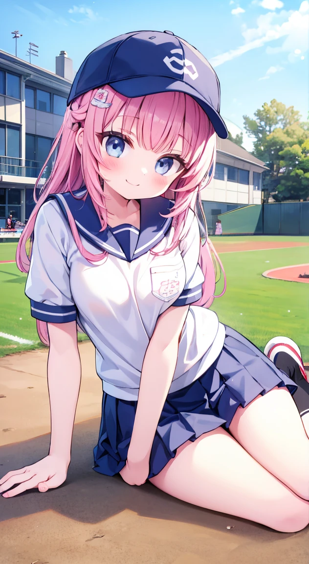  best quality,cute,Hololive Hiroi Koyori,Baseball cap,Schoolgirl winter Schoolgym Uniform,School building,Ground,Smile,