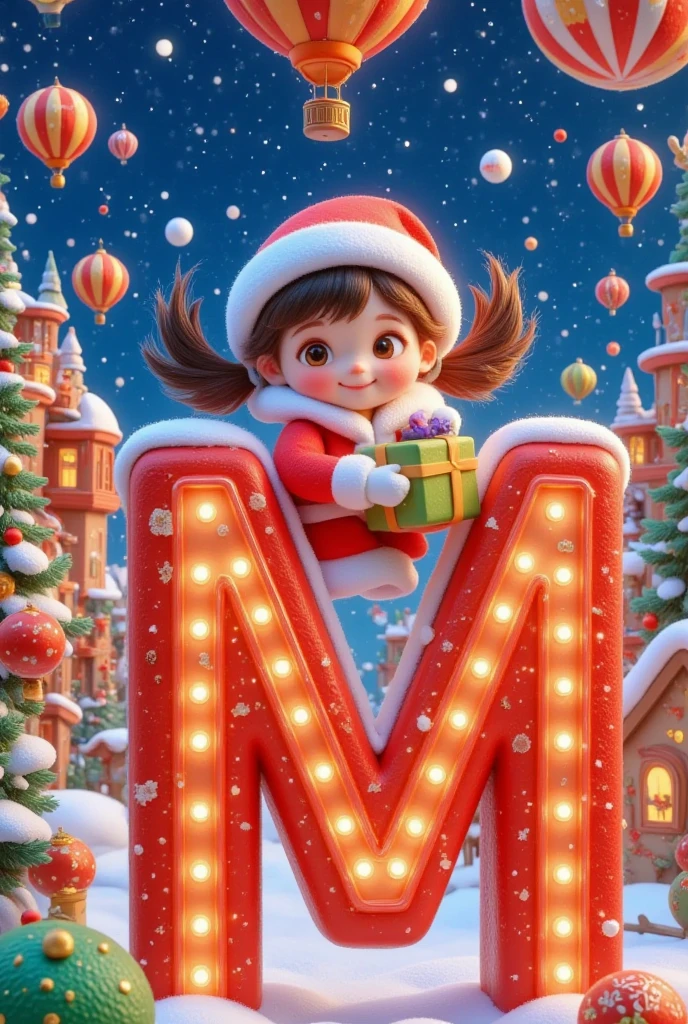 christmas postcard border，Picture of a girl holding a gift。 Crazy Christmas ， Glowing Letter M Red，Hot air balloons in the sky，Warm Town ， Happy atmosphere 