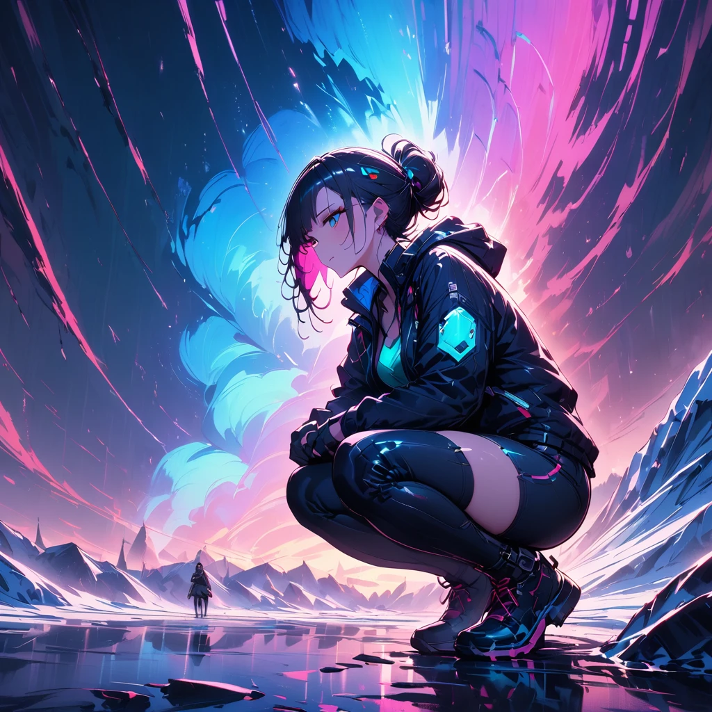 A woman squatting on a glacier, compromising and enduring an artificial aurora generated in a small device.night on a glacier,girl,cyberpunk