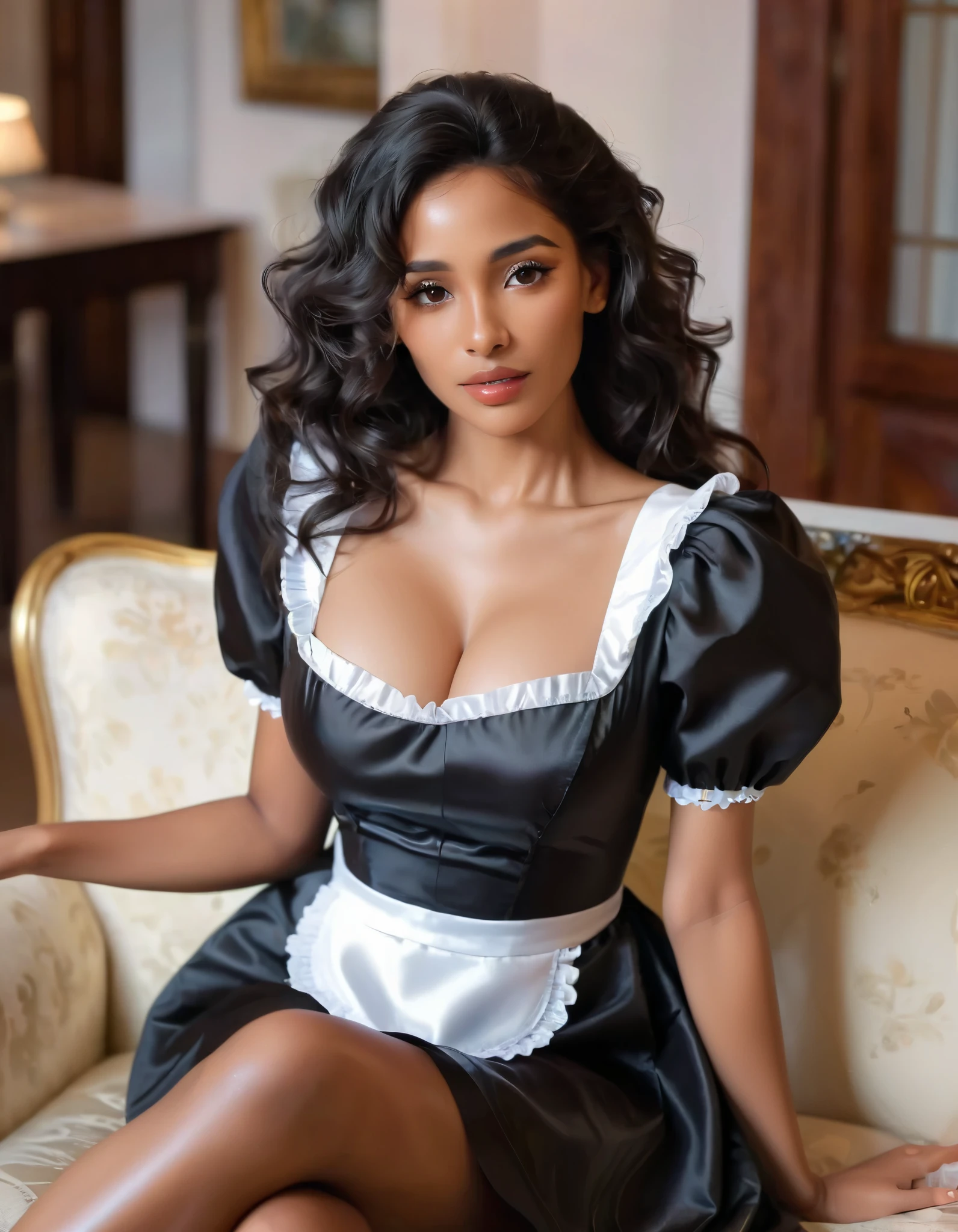 show me her armpits,(masterpiece, best quality:1.2),Woman with wavy hair, Lonely,Classy Eyes , Delicate Black Hair , Charming Eye Shadow ( :1.2)( Dark Skin:1.2),Italian,( :1.2)( Wearing a maid outfit:1.2), slender figure, Wet Sexy Puffy Lips ,Long legs,Perfect means, sit on the sofa, high heels