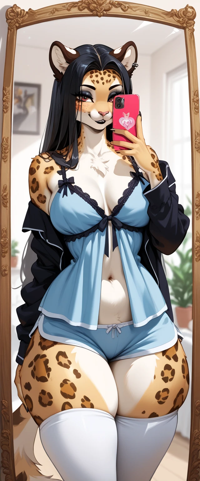 ((Black hair))), long hair, (((blue eyes))),(((forehead))) sexy, large breasts, beautiful body, masterpiece, smile, (((tiger print lingerie))) , hotel bedroom ,busty, buxom, curvy, voluptuous,Sexual Intercourse,