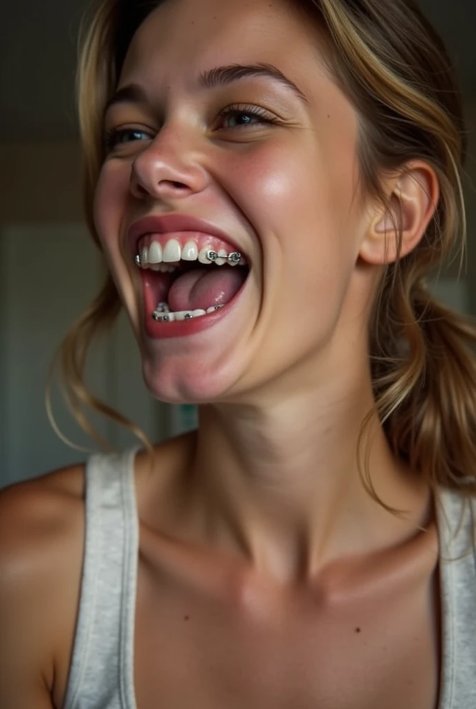 Sexy skinny blonde teen, She wears: (turtleneck high ribbed bright white tight sweater:1.1), submissive seductive pose, high tight ribbed neck, mouth retractor gag, turtleneck top, saliva dribble, excessive drooling