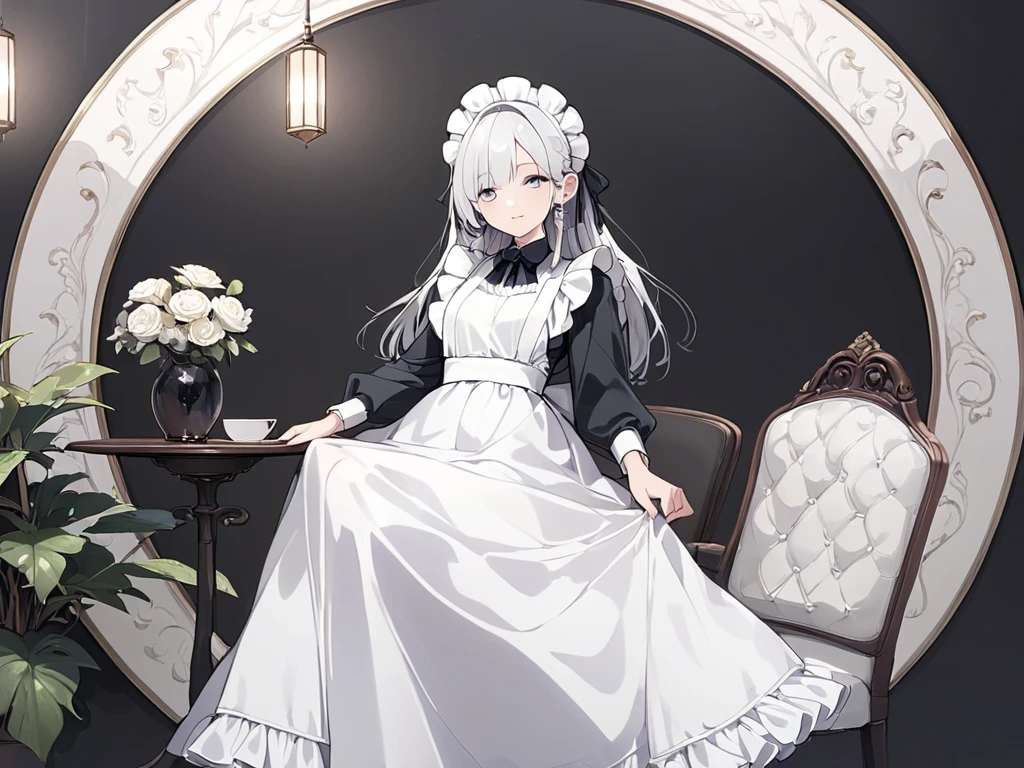 ( 1 girl),(最High image quality, 8k, masterpiece:1.3), (24 years old:1.5), ( Silver Hair), ( semi-long),  (Full body shot、Fair skin、 maid outfit 、 Long Sleeve 、Waiter、Elegant、 long skirt)), ([Ultra Clear:1.5), ( shiny skin:1.1),(Pale skin:1.1),High image quality、 Clear Outlines、