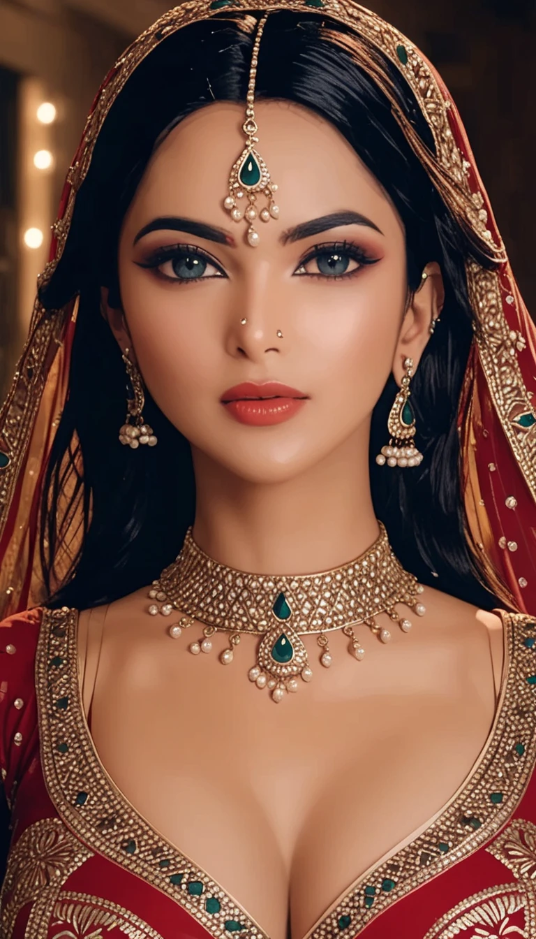 Renowned actress at the age of 28 , with intricate designs, detailed long big kundan jhumka earrings,red lipstick, black hair, big round breasts, cleavage ,face makeup, navel, eyeliner, eyeshadow, necklace,bangles, accessories , detailed blue eyes, tight blouse,oily skin, red lipstick,  ,necklace , looking at viewer, seductive face, seductive expression , happy face,big ass,lehenga ,body chain , jewellery ,  biting her lips , blush ,wet hair , detailed accessories,navel piercing,ear piercing , dupatta wrap on neck, 