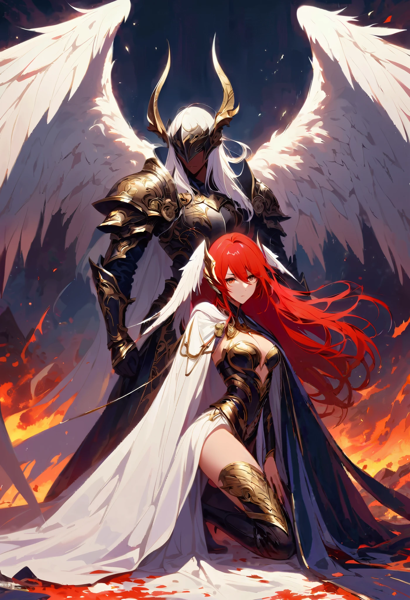 An Irish-style orange and red-haired boy in a Saint Seiya-style golden-style armor hurling a golden spear, a esquerda, e uma garota morena de cabelo escuro, curto e arrepiado, Dressed in a white Gothic dress, a direita, The boy and girl are below a large yellow sun and falling towards a large black sun below. anime, Arte Promocional, Arte Oficial, arte detalhada da capa, Arte Oficial, capa de livro, manga cover, super detalhada, illustration. --auto --s2