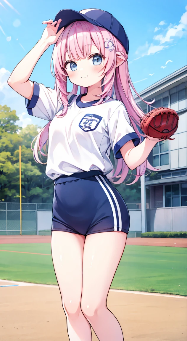  best quality,cute,Hololive Hiroi Koyori,Baseball cap,standing,winter School gym suit,School building,Ground,Smile,