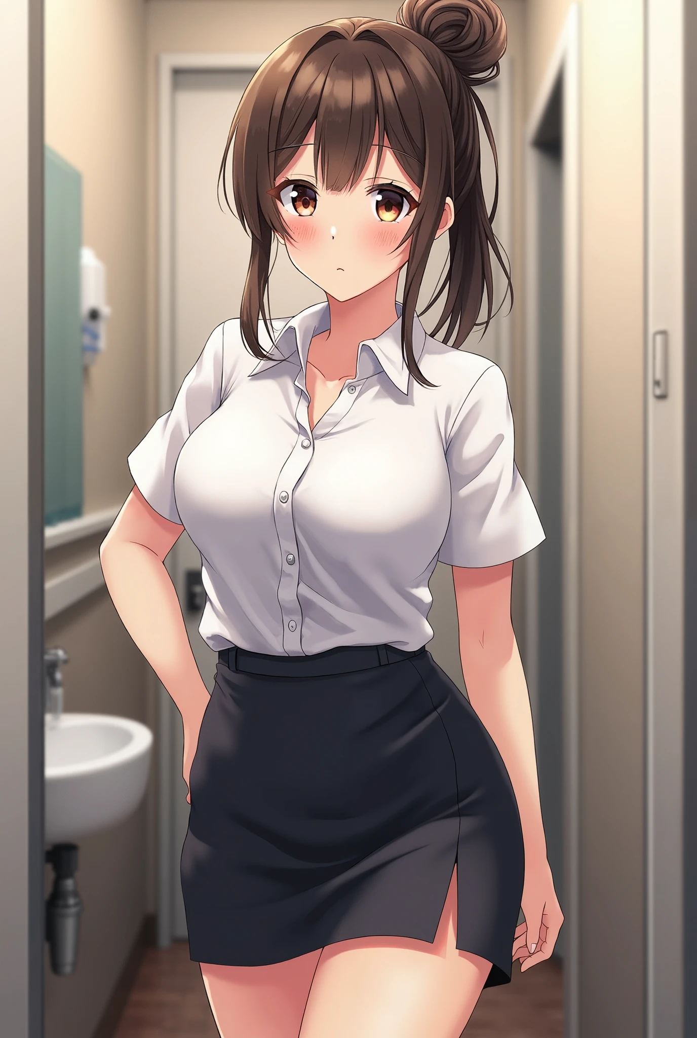 Solo Summer Sunshine:1.3. Dazzling, strong light, sweat on the forehead, smiling face, anime drawing with clear shadows、28 year old working adult with a ponytail:1.9 Short black hair, straight hair, side-swept bangs, hair tie Brown eyes, tall, strong, slim, big boobs:1.3. Slanted eyes, large eyes, bright eyes, beautiful, voluptuous, white collared Y-shirt, 3/4 sleeves, black long tight skirt:1.3 Black ribbon around neck Opening the door to the apartment Business bag Good weather