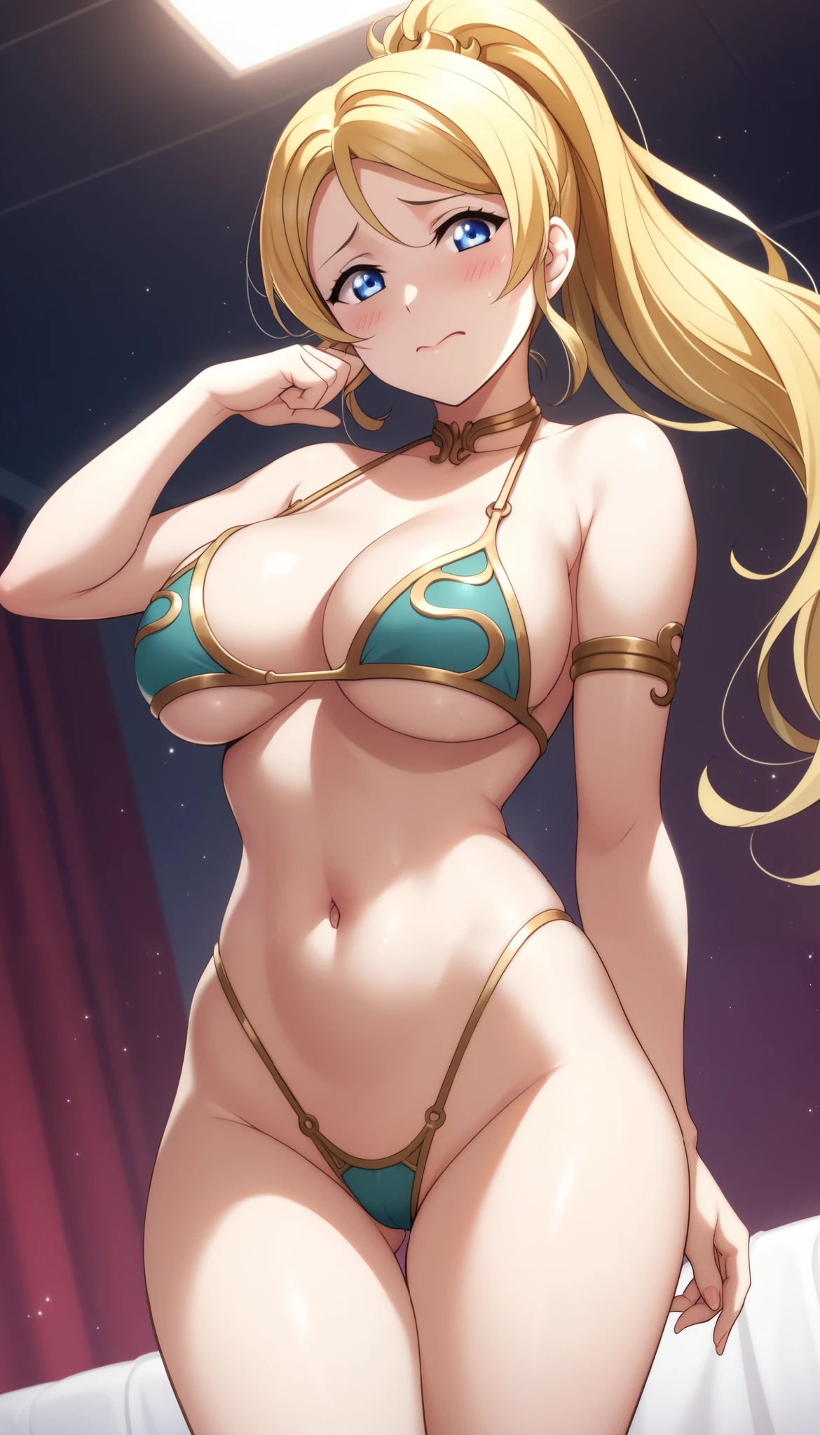 (eli ayase), blonde hair, ponytail, blue eyes, Big Breasts, live stage, Alone, [Bikini over clothes:Slave Leia Bikini:5], (barebottom), Thong, (highlegs:1.5), Dutch Angle, Cowboy Shot, embarrassed blush, camel toe:1.3,