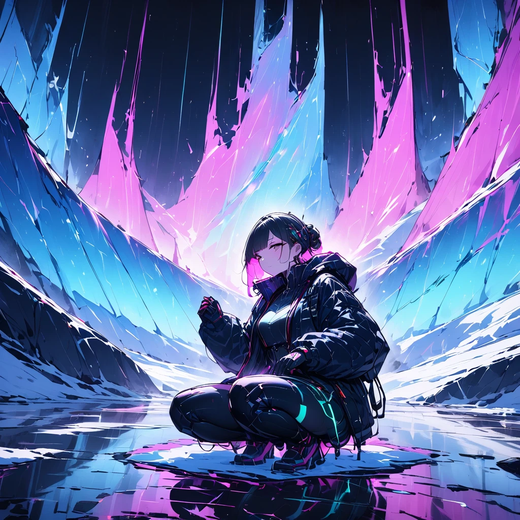 Small transparent domed mechanical devices with auroras,A woman squatting on a glacier, compromising and enduring an artificial aurora generated in a small device.night on a glacier,girl,cyberpunk,, mechanical devices on top of glaciers, pitch black night sky