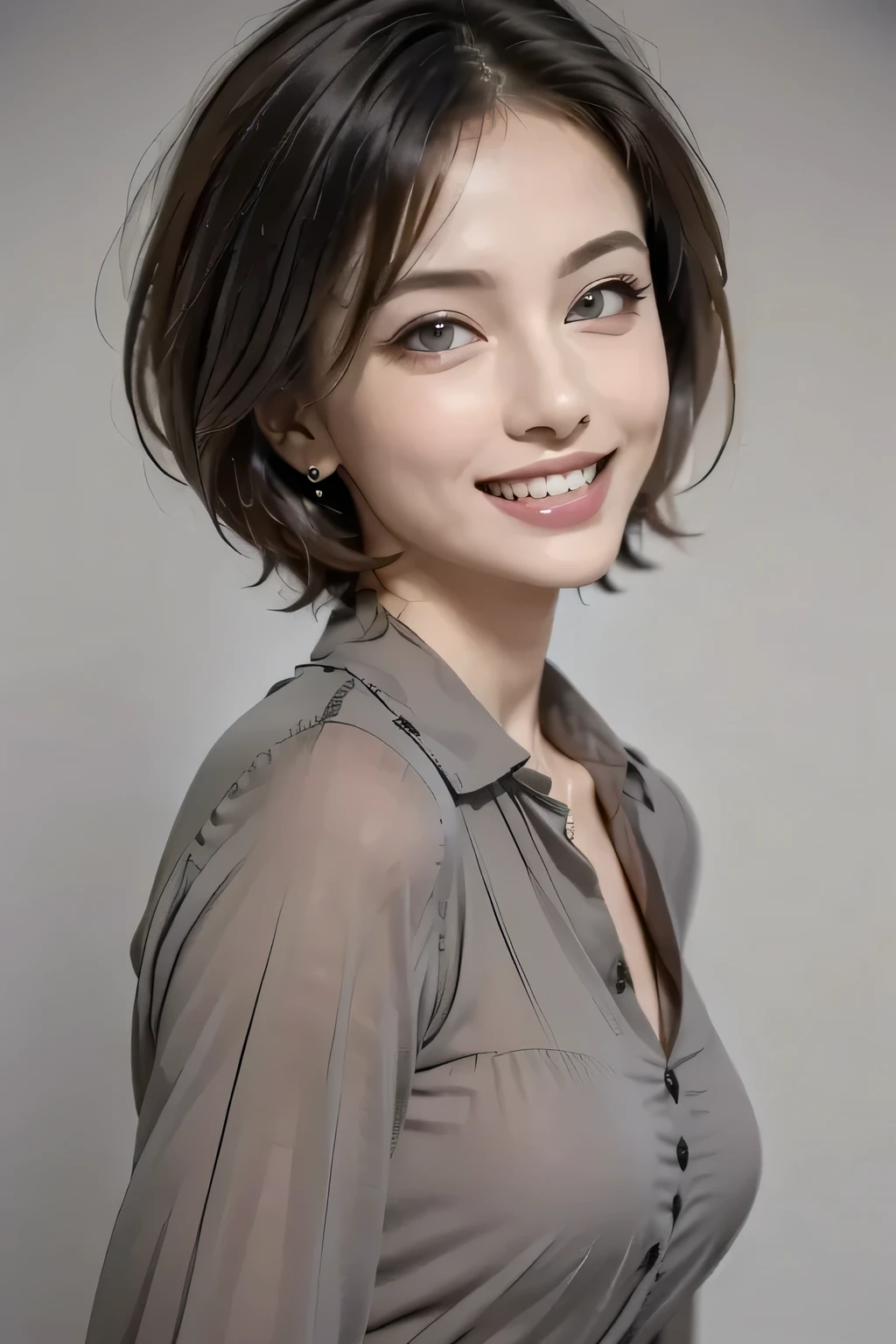 ((masterpiece)), (( best quality)), ((8k)), (( surreal)), ((Realistic)), (Mature), ((No classes)),  very detailed, (1 female), Beautiful and exquisite, (Beautiful Teeth), Grin,  brunette pixie cut,  Brown Eyes , ((blouse)), ( upper body), ((background: monochromatic gray with nothing )),  perfect eyes, Amazing eyes,  the audience  