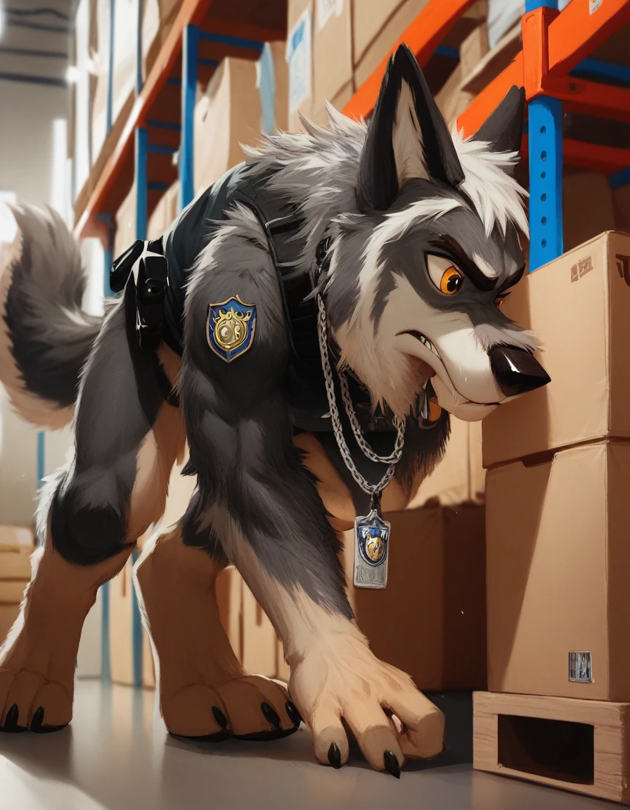 score_9, score_8_up, score_7_up, score_6_up, very long haired, anthro furry, wolf, wearing a black police vest, sniffling boxes, cargo storage room, chain collar, badge, crouching, long snout 