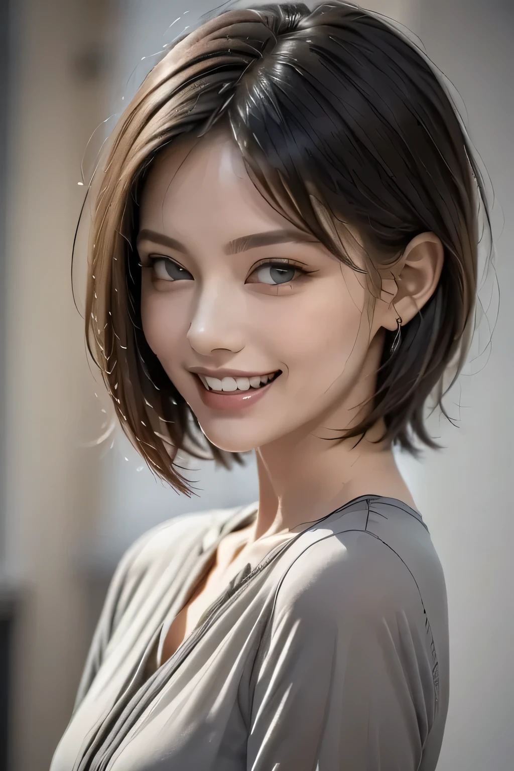 ((masterpiece)), (( best quality)), ((8k)), (( surreal)), ((Realistic)), (Mature), ((No classes)),  very detailed, (1 female), Beautiful and exquisite, (Beautiful Teeth), Grin,  brunette pixie cut,  Brown Eyes , ((blouse)), ( upper body), ((background: monochromatic gray with nothing )),  perfect eyes, Amazing eyes,  the audience  