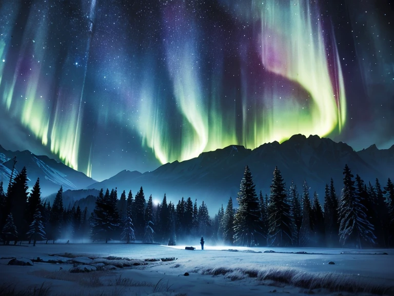 a breathtaking night landscape, full moon, aurora borealis over a glacial field, coniferous trees, cosmic space, starry sky, dramatic lighting, ultra-detailed, 8k, photorealistic, cinematic, fantasy, surreal, mystical, ethereal, moody, dramatic, vibrant colors, glowing, neon-like, dramatic chiaroscuro lighting, volumetric fog, depth of field, epic scale, sense of wonder and awe