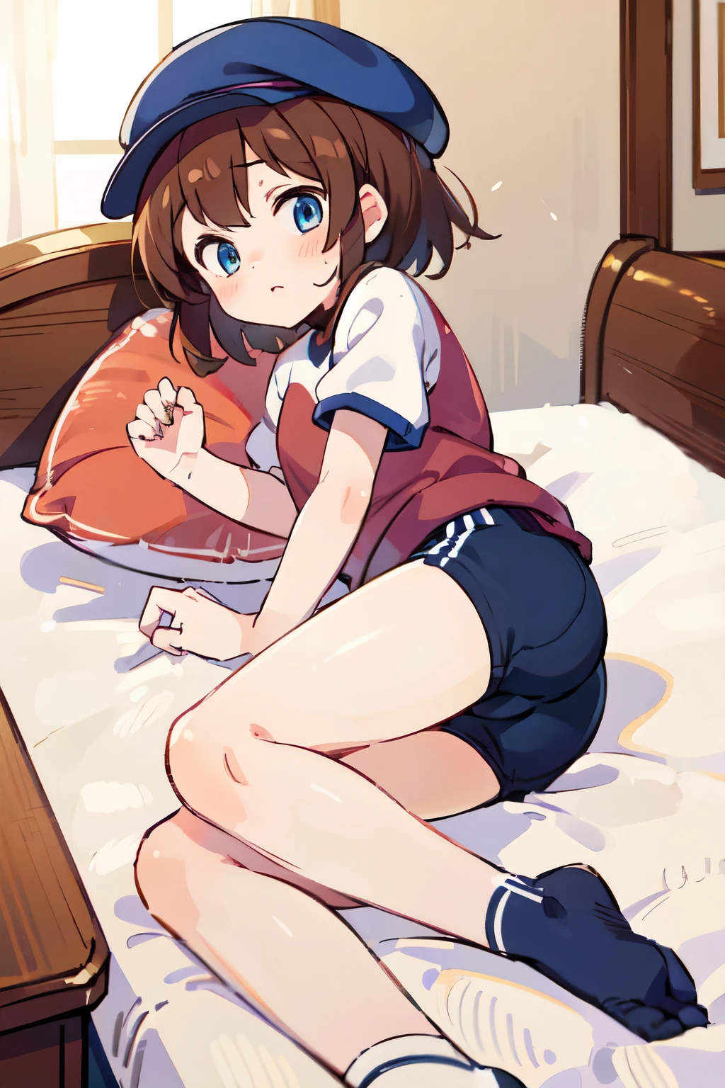 Helga Haruka,  blue eyes,  brown hair,  short hair on the side of the uniform, Brown Hat,Gym clothes， 1 girl ， love hotel bed