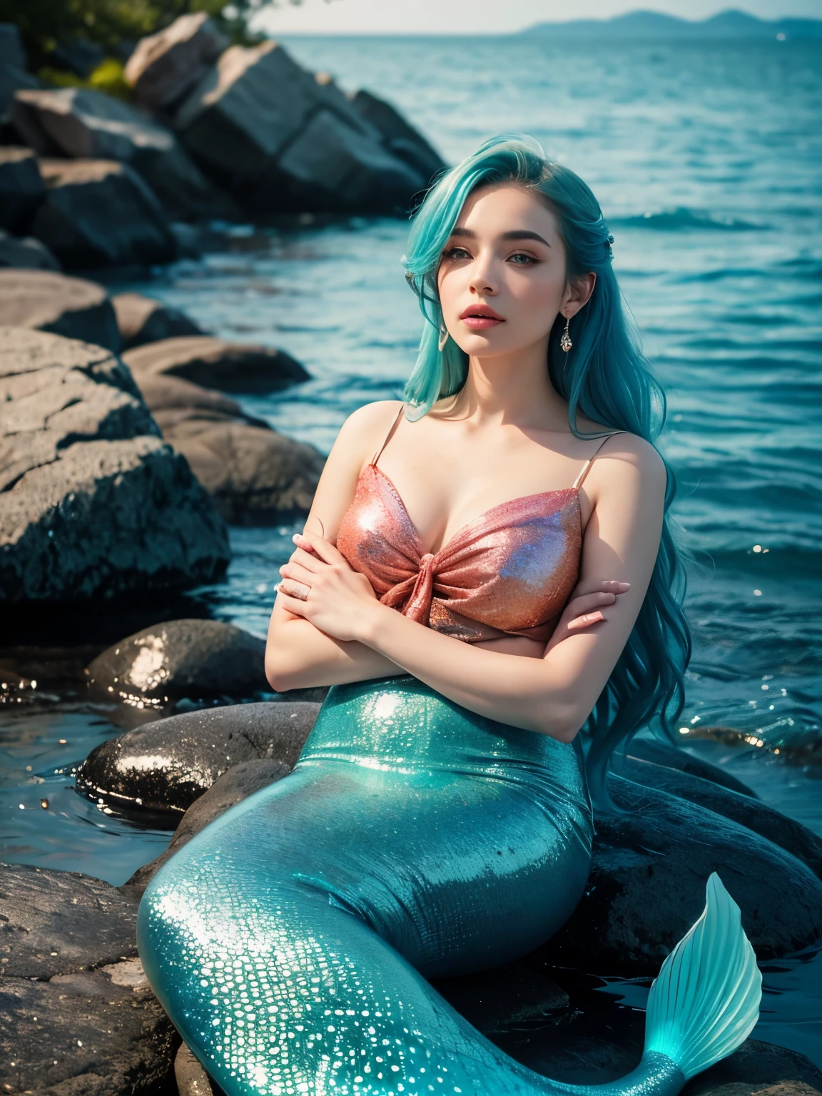 An ethereal mermaid with cascading turquoise hair and seashell
earrings in a glittery top, reclining on a rock, by a moonlit shore
of soft aquamarine, coral, and cream with hints of pearlescent
blue. Rendered with dreamy, fantasy-inspired techniques,
intricate detailing, and illuminated by ethereal, multicolored
lighting. Soft, shimmering textures enhance the serene,
enchanted feel.