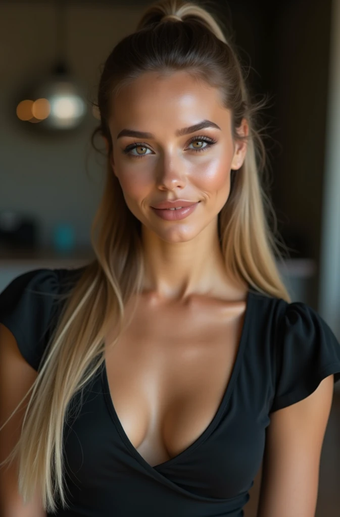 hyperrealistic beautiful busty 18-year-old women in shiny sleeveless top and leather leggins, model shooting full body photography, dyed blonde low bun, dark eye makeup with eyeliner, seductive smile, 8K, best quality, Meisterwerk, ultra high resolution, (Realismus: 1.4), Originalfoto, (realistische Hautstruktur: 1.3), (Filmkorn: 1.3), (Selfie-Winkel), 1 girl, Beautiful eyes and facial details, Meisterwerk, best quality
