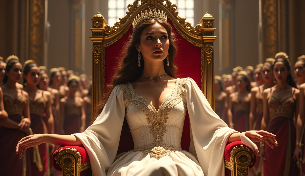 a queen in a medieval european empire style, beautiful intricate crown, elegant flowing gown, regal posture, ornate throne room background, warm lighting, photorealistic, highly detailed, 8k, dramatic lighting, dramatic colors, cinematic composition
