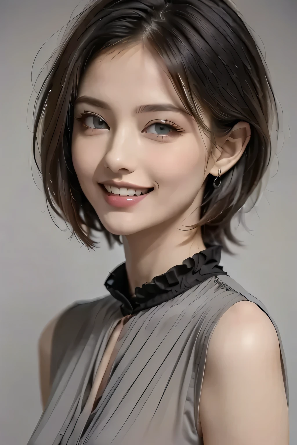 ((masterpiece)), (( best quality)), ((8k)), (( surreal)), ((Realistic)), (Mature), ((No classes)), very detailed, (1 female), Beautiful and exquisite, (Beautiful Teeth), Grin, brunette pixie cut, Brown Eyes , ((blouse)), ( upper body), ((background: monochromatic gray with nothing )), perfect eyes, Amazing eyes, the audience