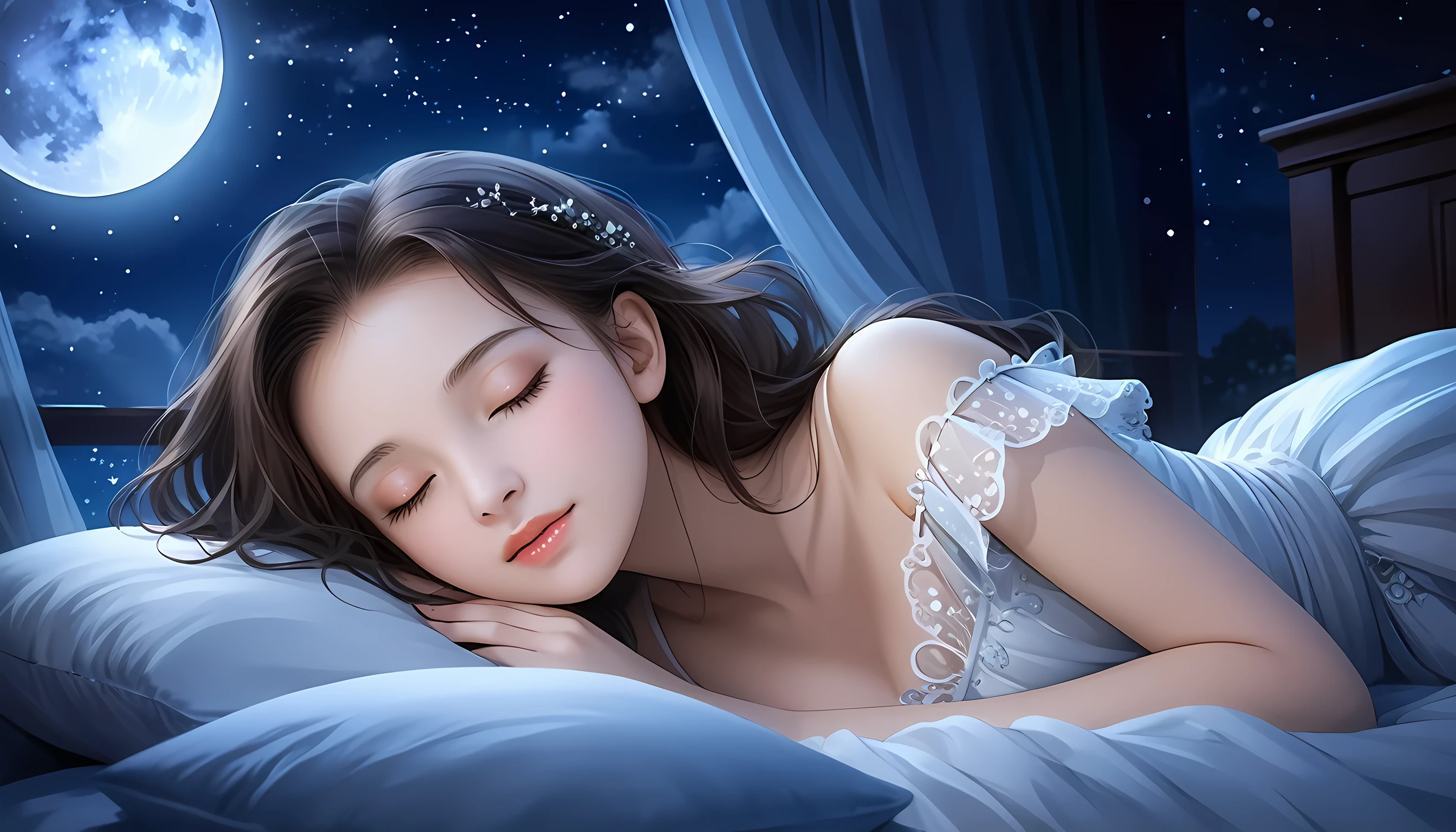 masterpiece, best quality, highly detailed, a girl laying in bed, eyes closed, dreamy night, magical dream-like atmosphere, beautiful moonlight night, dreamy, calm night. digital illustration, night, dreamless night, float under moon light at night, great fantasy mood