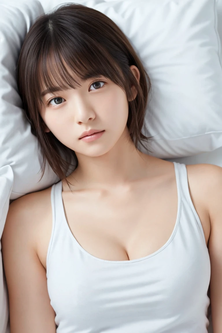 masterpiece,  best quality,  one woman, ( RAW Photos,  best quality), (reality, Realistic:1.4), Clean look、 sexy、Iris、 very detailed eyes and face,  Beautiful Detailed Nose, beautiful eyes,  perfect anatomy ,  short hair on the side of the uniform、 white short tank top 、 cleavage、 white skin、Serious face、 face focus、Sleeping on your back、pillow、 bed