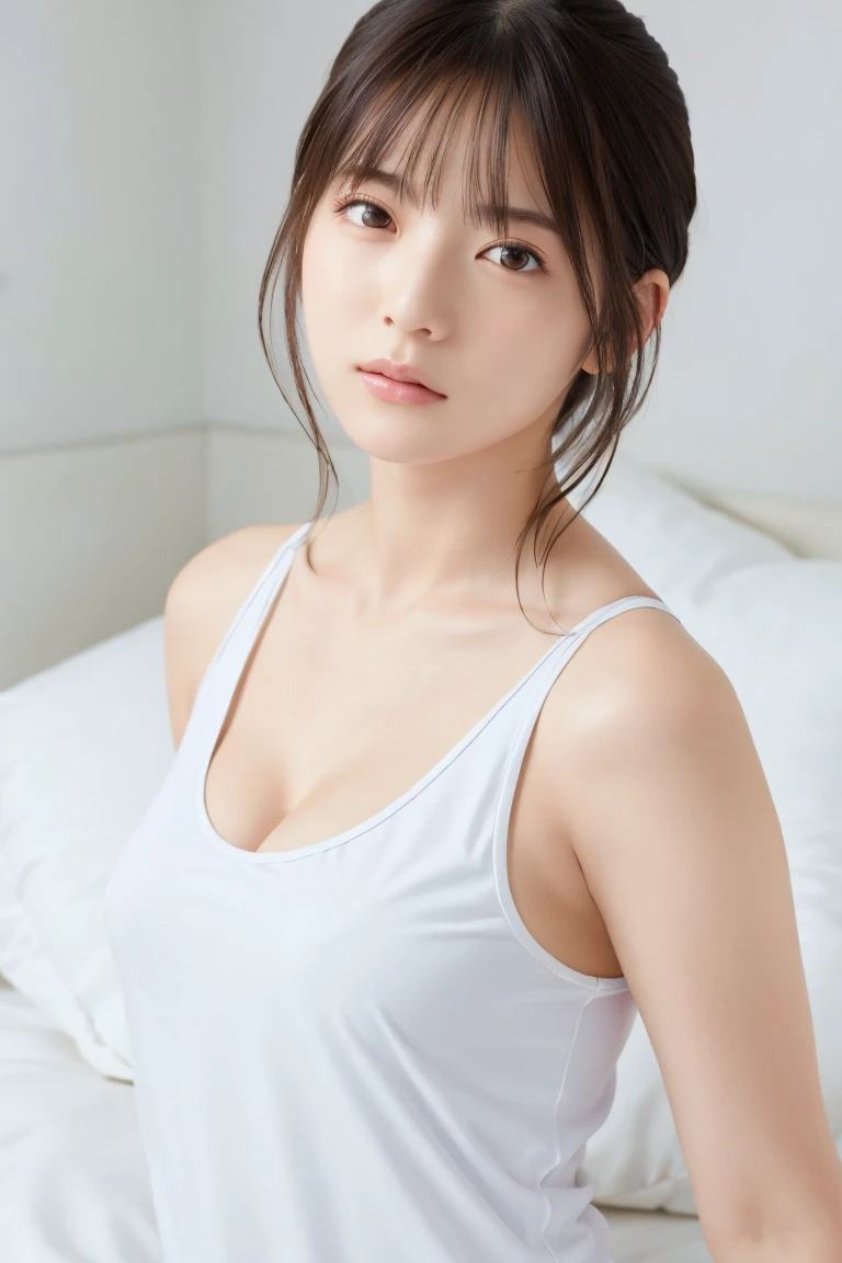 masterpiece,  best quality,  one woman, ( RAW Photos,  best quality), (reality, Realistic:1.4), Clean look、 sexy、Iris、 very detailed eyes and face,  Beautiful Detailed Nose, beautiful eyes,  perfect anatomy ,  short hair on the side of the uniform、 white short tank top 、 cleavage、 white skin、Serious face、 face focus、Sleeping on your back、pillow、 bed