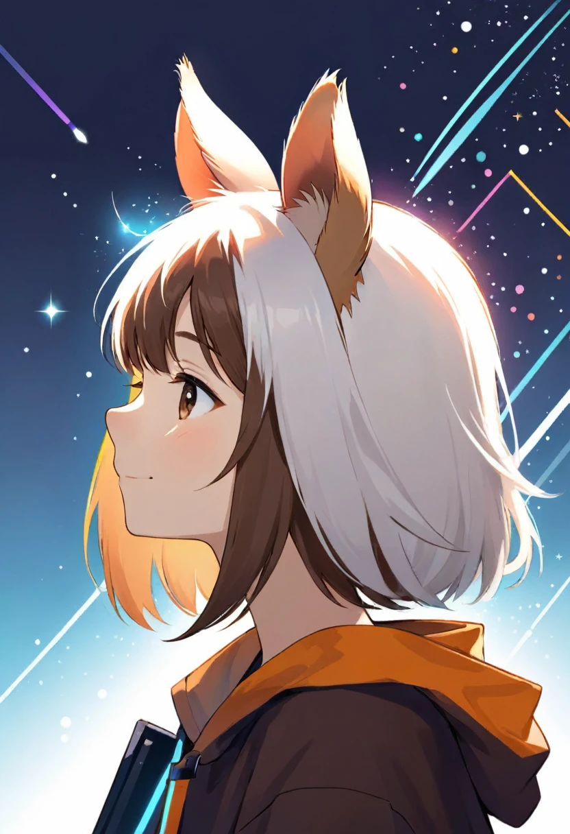 PORTRAIT OF A GIRL,1GIRL, illustration-style,modern, striking composition,sleek lines, unique pattern,abstract elements,geometric shapes,GEOMETRIC LOGO, , , expressive strokes , ,ANIMAL EARS, ANIMAL NOISE,CAPYBARA EARS, ANIMAL NOISE,ANIMAL headwear,SMILE, HALF CLOSE EYES, BROWN AND WHITE ANIMAL EARS,BROWN HAIR,((SILHOUETTE:1)),SIDE VIEW,FANTASY,(EPIC), SPARKS,VIBRANT, KEMONOMIMI,CUTE, (CAPYBARA NOSE),ANIMAL NOSE,ANIMAL HOOD,