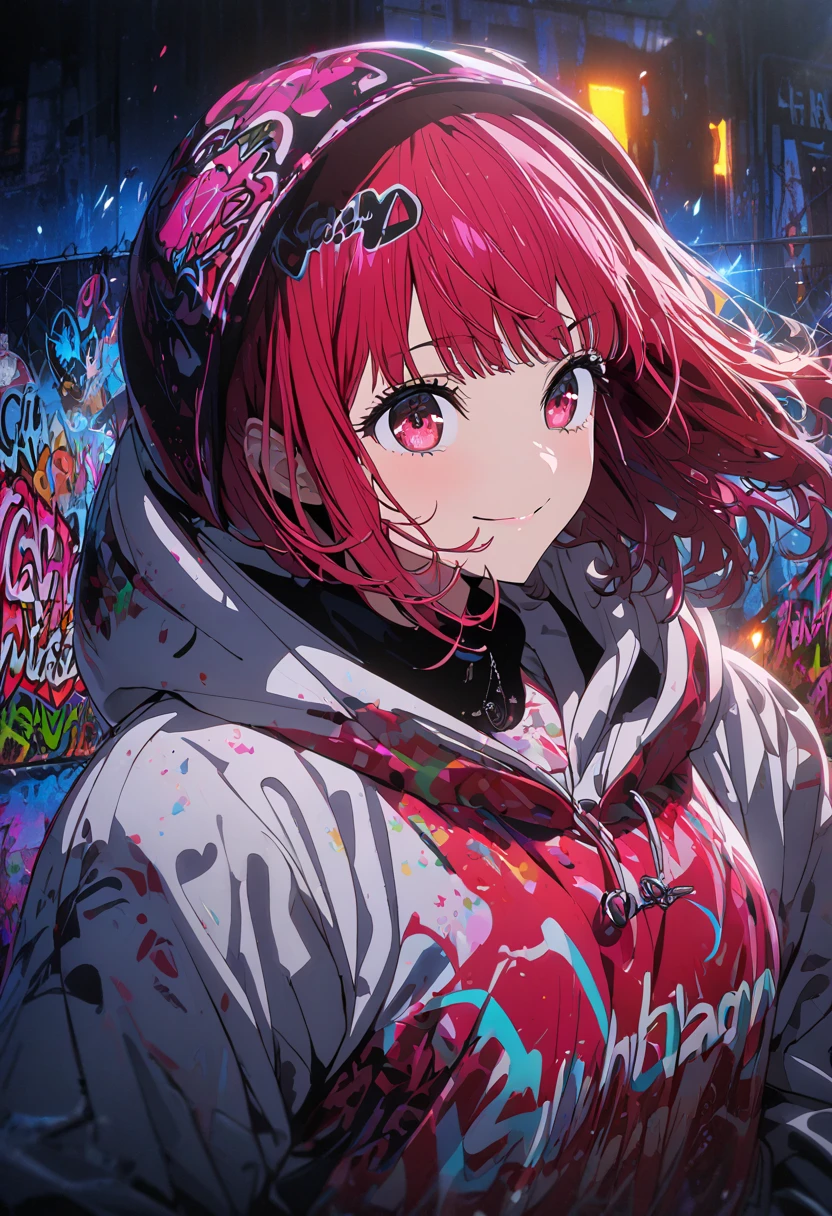 masterpiece,  best quality, 8k, detailed background, masterpiece,  best quality, smile,  ornament with yam,  hoodies , Portraiture, Neon Red, graffiti, dark, night, Shining Eyes,  black light,Arima Kana