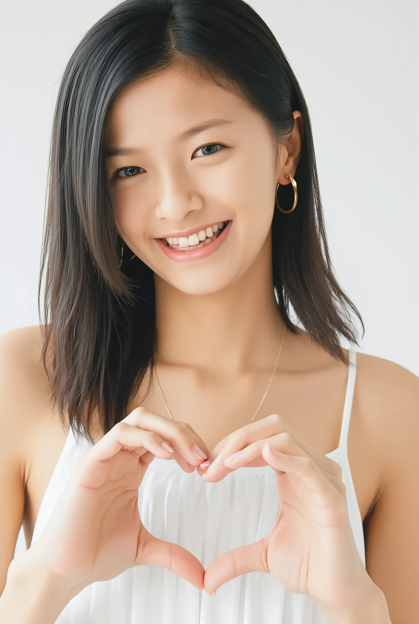 Only one smiling woman poses wearing cute pajamas with only her shoulders exposed, making a firm big heart shape with both hands, and holding them in front of her chest, View above collarbone、The background is a monotone 、
