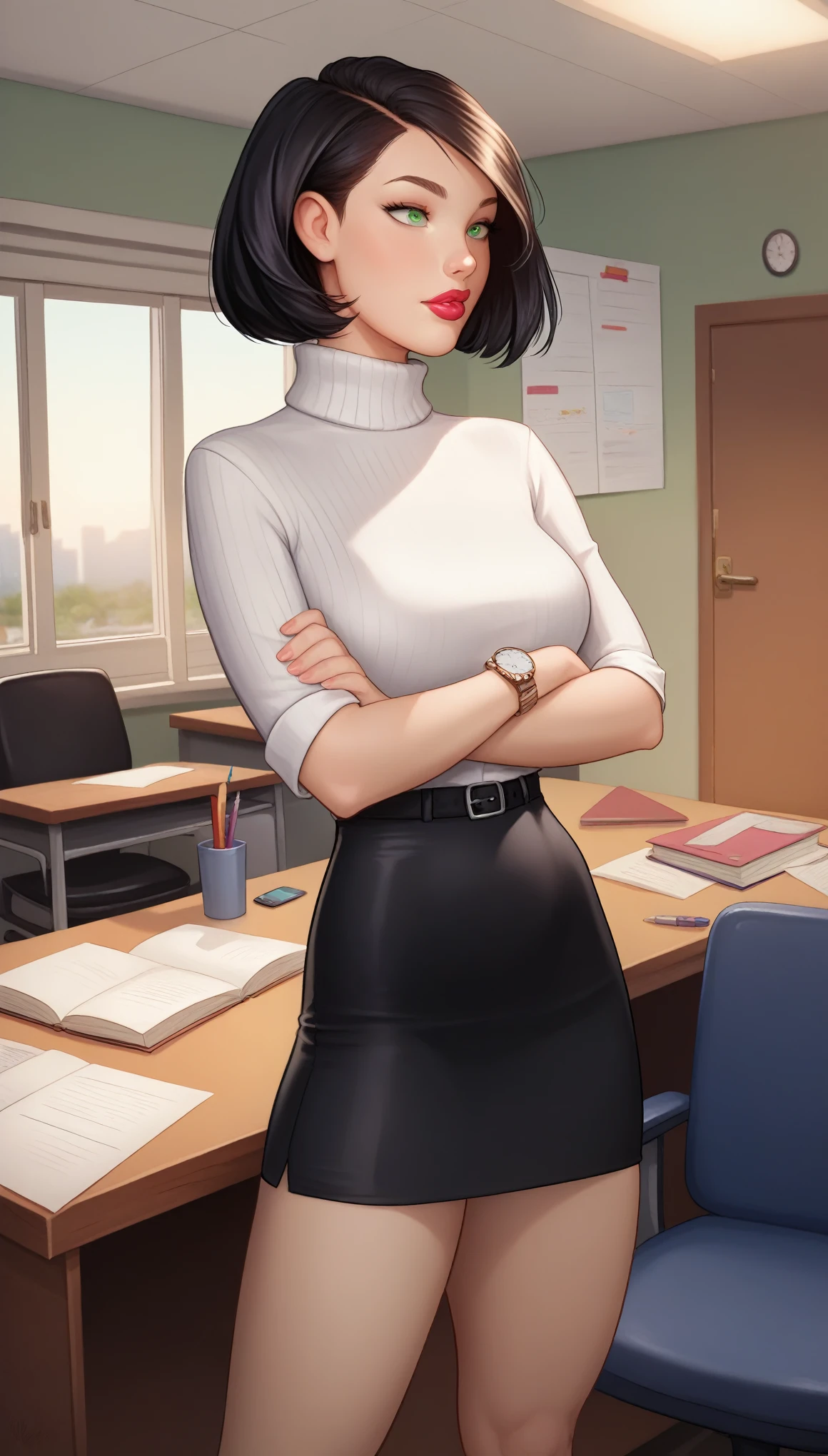 (medium full shot) of  (supermodel school teacher) young woman, french, bright green eyes, light skin, petite, straight bob cut hair, wearing a off-white white turtleneck sweater, wool skirt, stylish pumps,  tasteful wristwatch, soft lipstick, arms crossed, set in  Principal's Office at school, Professional space with a large desk, leather chair, filing cabinets lining the walls, diplomas and awards displayed, a phone on the desk, a nameplate on the door, at sunset, Masterpiece, best quality, photorealistic, amazing quality, very aesthetic, extremely detailed face,