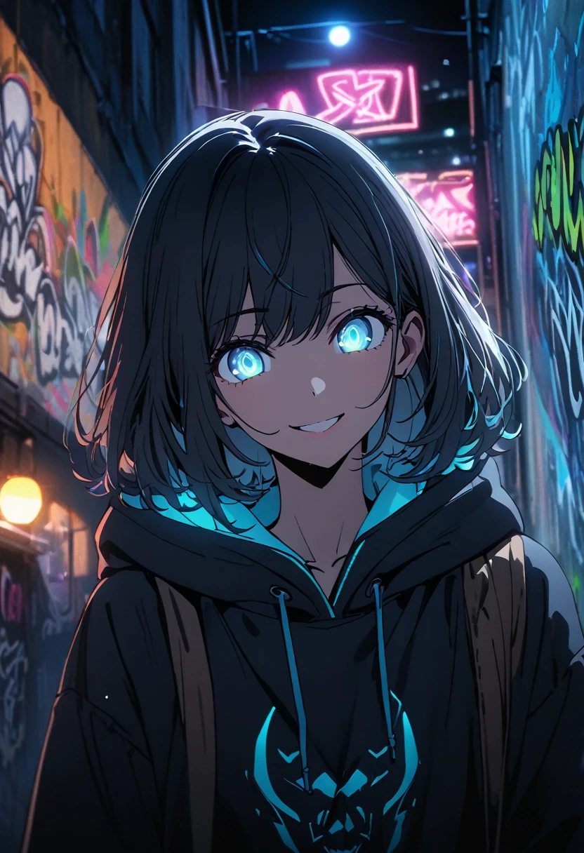 masterpiece,  best quality, 8k, detailed background, masterpiece,  best quality, smile,  ornament with yam,  hoodies , Portraiture, Neon Blue, graffiti, dark, night, Shining Eyes,  black light,Akane Kurokawa