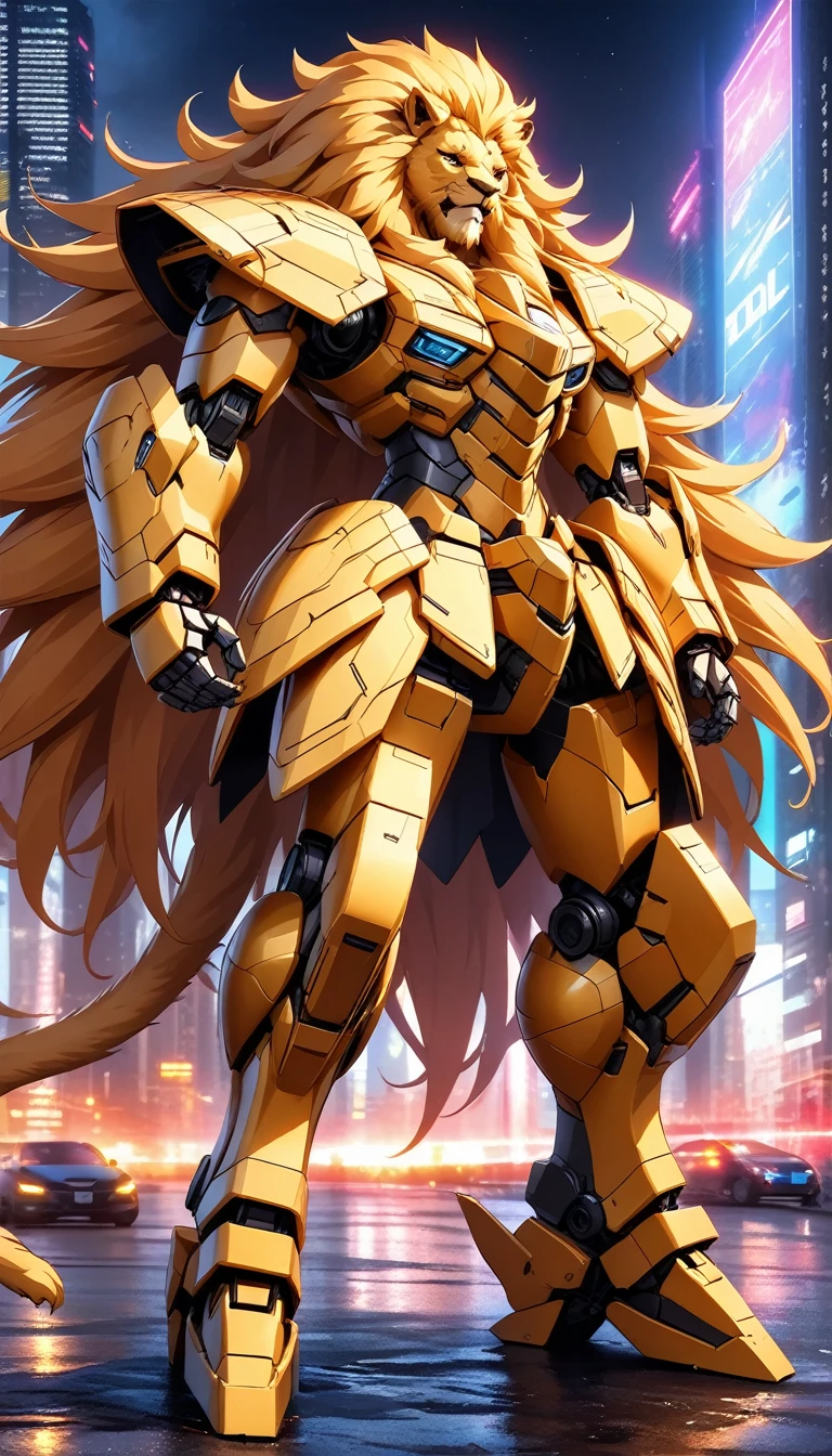 Design a highly detailed, futuristic police vehicle inspired by a lion, transformed into a powerful and heroic humanoid robot with iconic anime-inspired mecha armor. The vehicle has transformed into a bipedal robot with sleek, angular armor plating, a bold and commanding mechanical design, and a mix of metallic gold, deep bronze, and vibrant crimson accents. Its head features lion-like elements, including a regal mane of segmented metallic panels that radiate strength and authority, and glowing amber eyes that exude intelligence and vigilance. The chestplate is designed to resemble a lion’s proud, powerful form, and its stance radiates confidence and dominance. The armor is segmented with intricate joints, reinforced vents, and thick panels, showcasing advanced engineering and an imposing presence. Police insignia and tactical lights are integrated seamlessly into the design, emphasizing its role as a protector. The mecha stands in a heroic, commanding pose, with the neon-lit cyberpunk cityscape as its backdrop, featuring towering skyscrapers, glowing signs, and shimmering reflections on the wet pavement, amplifying the majestic, guardian-like aura of this lion-inspired robotic figure.