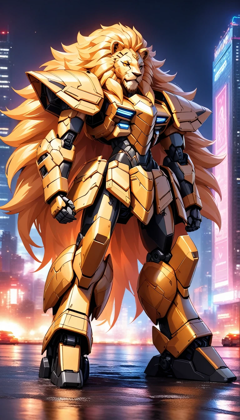 Design a highly detailed, futuristic police vehicle inspired by a lion, transformed into a powerful and heroic humanoid robot with iconic anime-inspired mecha armor. The vehicle has transformed into a bipedal robot with sleek, angular armor plating, a bold and commanding mechanical design, and a mix of metallic gold, deep bronze, and vibrant crimson accents. Its head features lion-like elements, including a regal mane of segmented metallic panels that radiate strength and authority, and glowing amber eyes that exude intelligence and vigilance. The chestplate is designed to resemble a lion’s proud, powerful form, and its stance radiates confidence and dominance. The armor is segmented with intricate joints, reinforced vents, and thick panels, showcasing advanced engineering and an imposing presence. Police insignia and tactical lights are integrated seamlessly into the design, emphasizing its role as a protector. The mecha stands in a heroic, commanding pose, with the neon-lit cyberpunk cityscape as its backdrop, featuring towering skyscrapers, glowing signs, and shimmering reflections on the wet pavement, amplifying the majestic, guardian-like aura of this lion-inspired robotic figure.