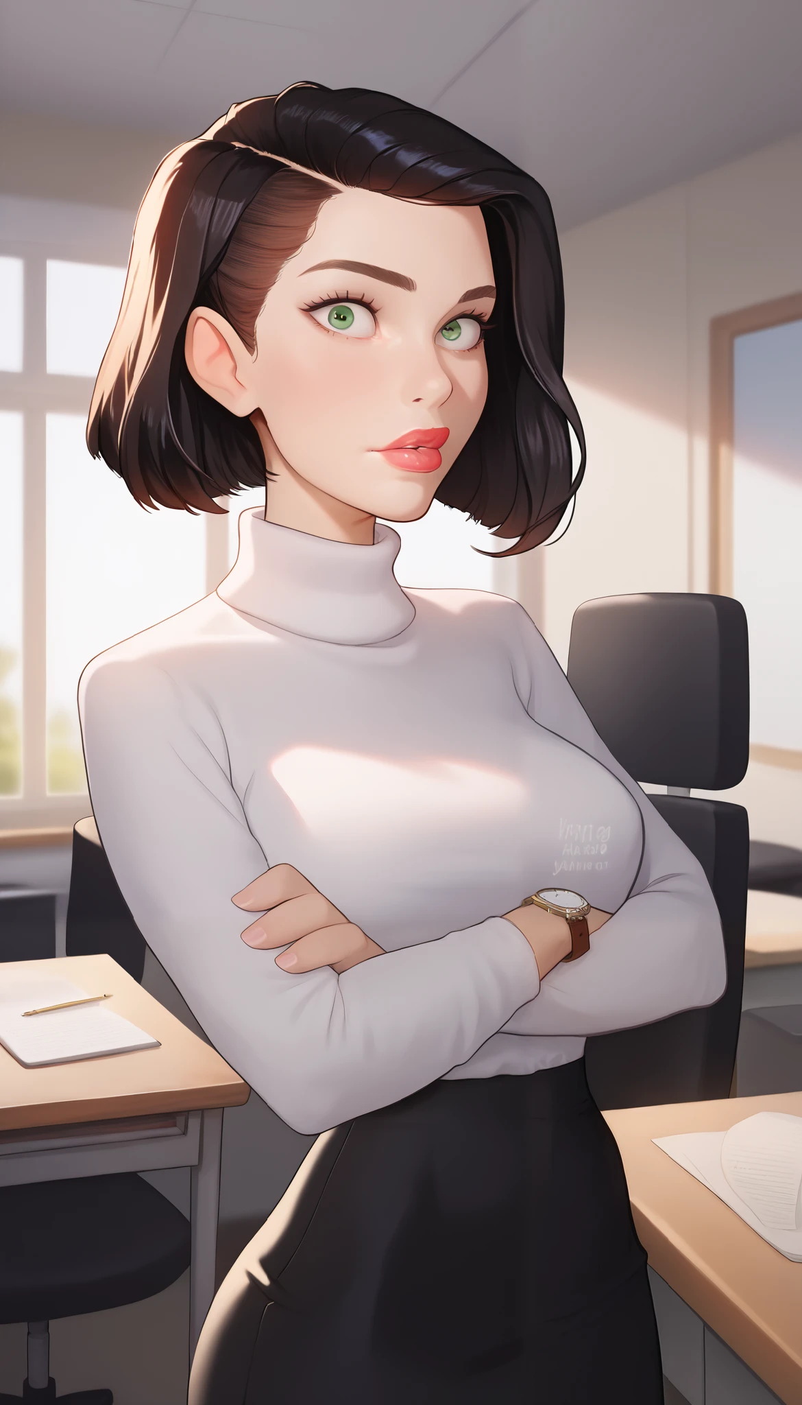 (medium full shot) of  (supermodel school teacher) young woman, french, bright green eyes, light skin, petite, straight bob cut hair, wearing a off-white white turtleneck sweater, wool skirt, stylish pumps,  tasteful wristwatch, soft lipstick, arms crossed, set in  Principal's Office at school, Professional space with a large desk, leather chair, filing cabinets lining the walls, diplomas and awards displayed, a phone on the desk, a nameplate on the door, at sunset, Masterpiece, best quality, photorealistic, amazing quality, very aesthetic, extremely detailed face,