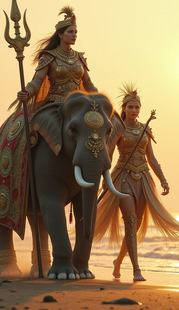two women Riding an giant elephant, a mature female, many soldiers outside, female muscle, full body, stand, cinematic screen, ethereal, detailed, alluring succubus, ethereal beauty, perched on a cloud, (fantasy illustration:1.3), enchanting gaze, captivating pose, otherworldly charm, mystical sky, soft colors, (detailed cloudscape:1.3), (high-resolution:1.2), ((masterpiece)), (best quality), HDR, ((masterpiece)), (best quality), HDR, FEMME, Mirela Anton art Style, artistic, Soft color palette, windblown flowers, Sparkle, magical photography, Soft smooth lighting, Light background,[light smile], expressionless, On a vain this grand ancient battlefield, the ancient army engaged in intense combat with war chariots rushing forward and ancient warriors wielding swords and engaging in fierce battles. Blood splattered, weapons and armor were broken, and battle flags fluttered in the wind, symbolizing victory and glory. The war chariots charged forward, causing the ground to shake and metal sounds to ring out like thunder, stirring the enthusiasm of the warriors. The entire battlefield was filled with swords, blood, and flesh flying around. The warriors fought with all their might, exchanging their lives and blood for the victory of this war. The dust and smoke on the ground spread, and with each sword and explosion, the entire battlefield became even more majestic. However, the cost of the war was tragic, with countless soldiers falling on the battlefield, and their sacrifice was etched into the glorious history of the nation. hdr, (photorealism, masterpiece quality, best quality),