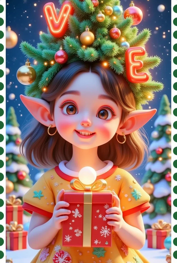 a cartoon Elf Girl holding a christmas present in front of a christmas tree, Android Jones Character Portrait  ,Glowing red Christmas letters，  Artstation Contest Winner , Fantasy Art, Elf Girl, little Elf Girl, teen Elf Girl, a portrait of A little elf, Elf Princess, portrait of A little elf, Elf Girl wearing an flower suit, (((crazy))) Elf Princess, Female Elf, A little elf