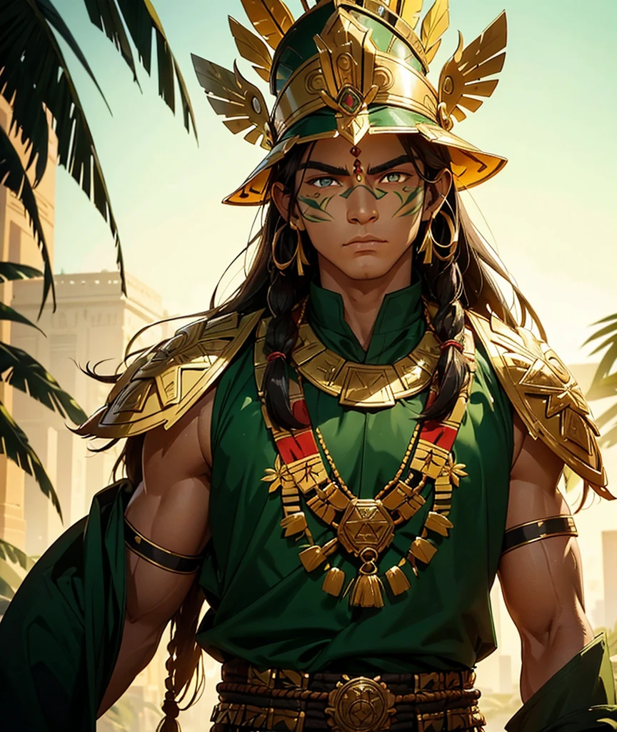 in an amazonian golden city  a beautiful strong man walks lightly. he has a traditional outfit of Aztec people his eyes are visible. he has magnificent ultra detailed golden eyes, his pupils are dilated and isr iris ultra detailed and a magnificent amber color with shades of yellow and green. his gaze is intense and warm. there are a golden city everywhere around him. the environment is hostile to life. he stands facing and looks to the side towards the setting sun. close-up on his gaze. his outfit is a beautiful océan green color. he wears red native amazonian  people makeup around his eyes which has the effect of multiplying the beauty and magnificence of his deep and burning gaze.