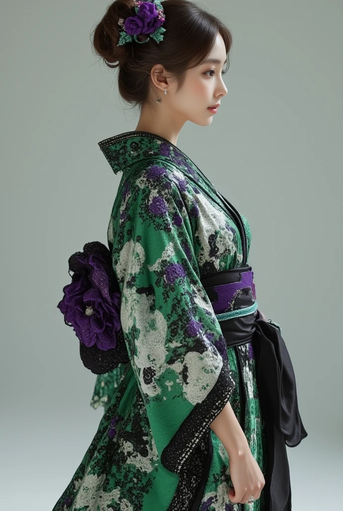 A asian woman in a green and purple loose kimono, solo, short sleeves, standing, full body, japanese clothes, wide sleeves, black sash,  floral print, tabi, haori made of a detailed victorian lace , 