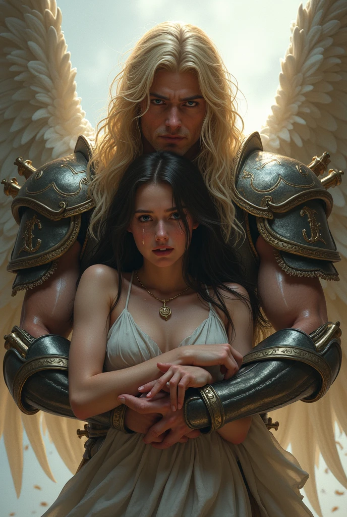 (couple cuddling) rough man Zeus muscular naked, beautiful, sexy, big breasts, cleavage, bare legs, see-through, standing, hanfu, wet, clear, realistic, highest detail, Chinese mythology, dragon pattern, phoenix, sacred, holy, golden mountains, heavenly palace, countless palaces, clouds, golden light