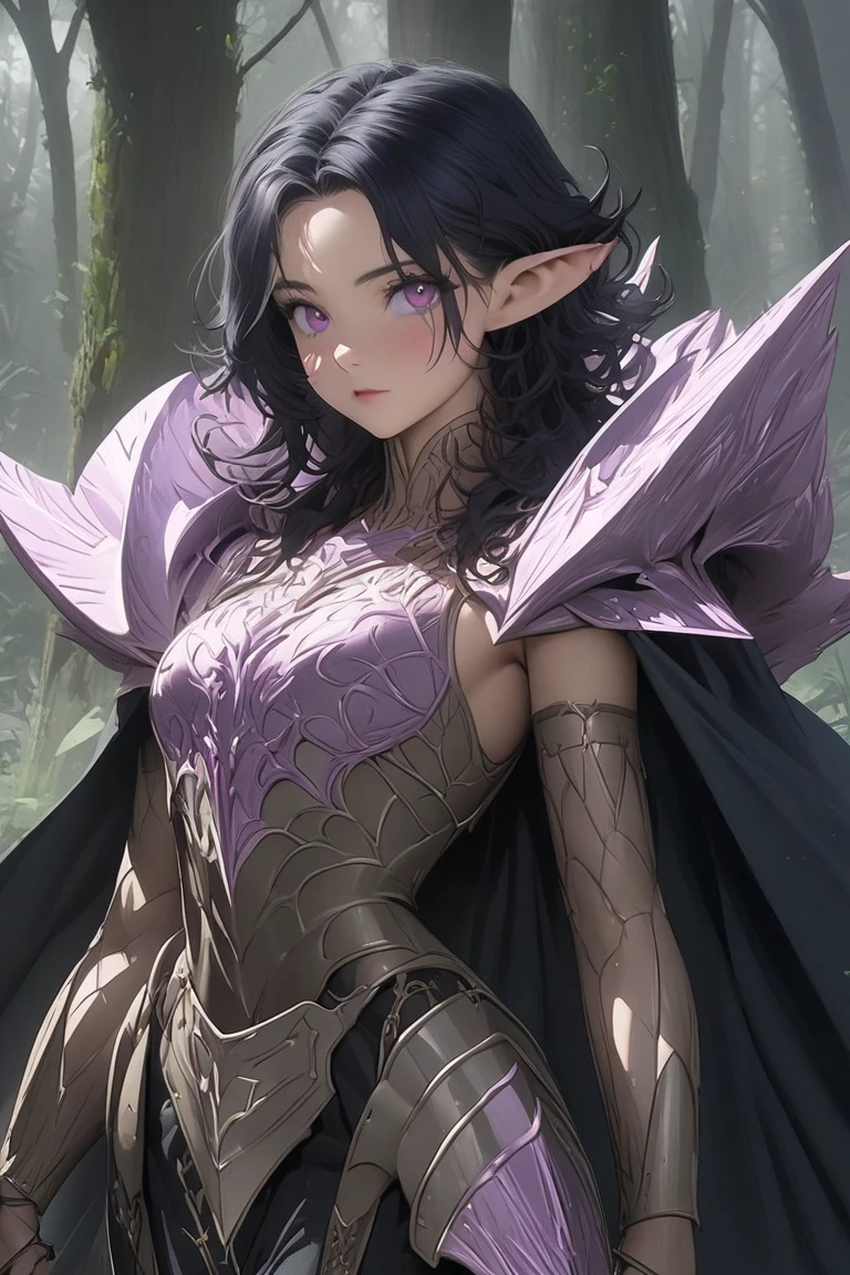 Insect humans、Scorpion Woman、mutant、kook、Horns on the head、On the chest there is a scorpion mark、skinny body、Purple body、Wearing metal armor、Forest background、full-body view、Increased exposure、