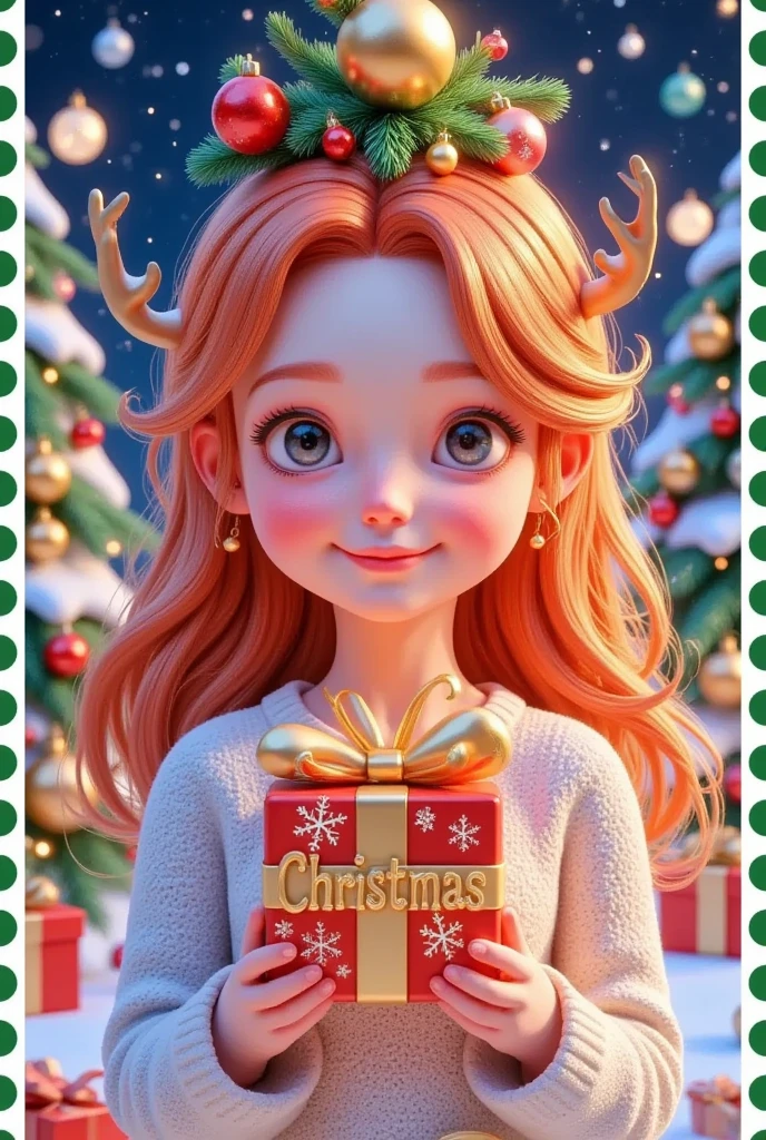 A girl is holding a gift m in front of a Christmas letter, Gifts and Christmas tree on the head， Official illustrations