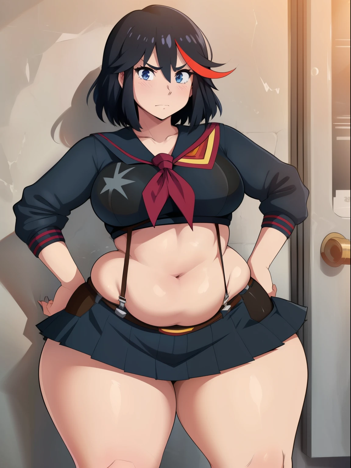 ((kipteitei art)), ((masterpiece)), (((best quality))), ((ultra-detailed)), (((illustration))), detailed face, ultra cute face, detailed body, ((1girl)), ((solo)), matoi_ryuuko:1.3, blush, embarrassed, black hair, fluffy hair, suspenders, multicolored hair, skirt, short_hair, red hair, serafuku, streaked hair, midriff, senketsu, pleated skirt, hand on hip, looking at viewer, cowboy shot, medium breasts, perky breasts, ((wide hips)), (((thick thighs))), (pudgy massive fat belly), fat rolls, soft fat big belly, full body shown. morbidly obese