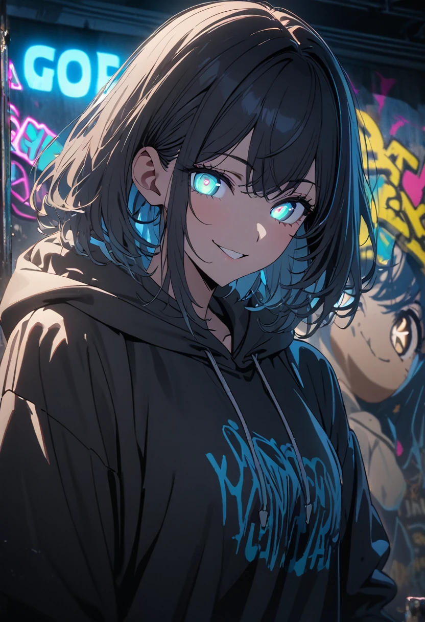 masterpiece,  best quality, 8k, detailed background, masterpiece,  best quality, smile,  ornament with yam,  hoodies , Portraiture, Neon Blue, graffiti, dark, night, Shining Eyes,  black light,Akane Kurokawa