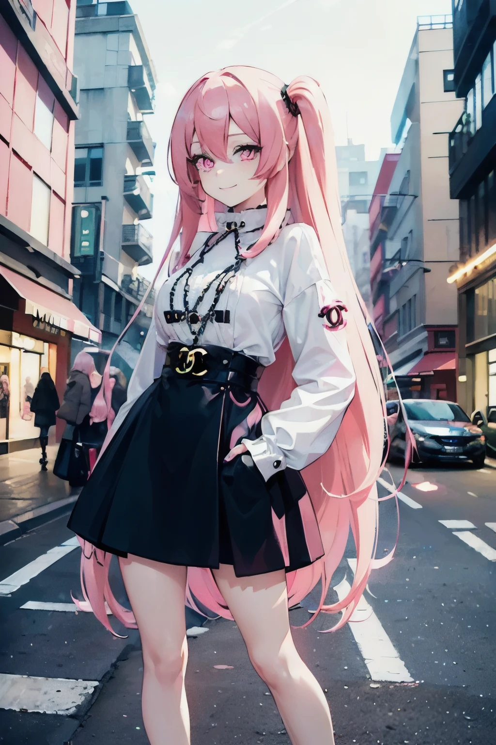 (street snap, Wearing CHANEL and looking happy. )(((masutepiece))) fullllbody(1 girl)((Pink hair, Long hair,Straight hair,two side up)) (Green eyes),eyeshadows, eye line,gloweyes, ultradetailed eyes, intricate eyes, Beautiful eyes, ((Glowing pink pupils))a 18 year old girl, 