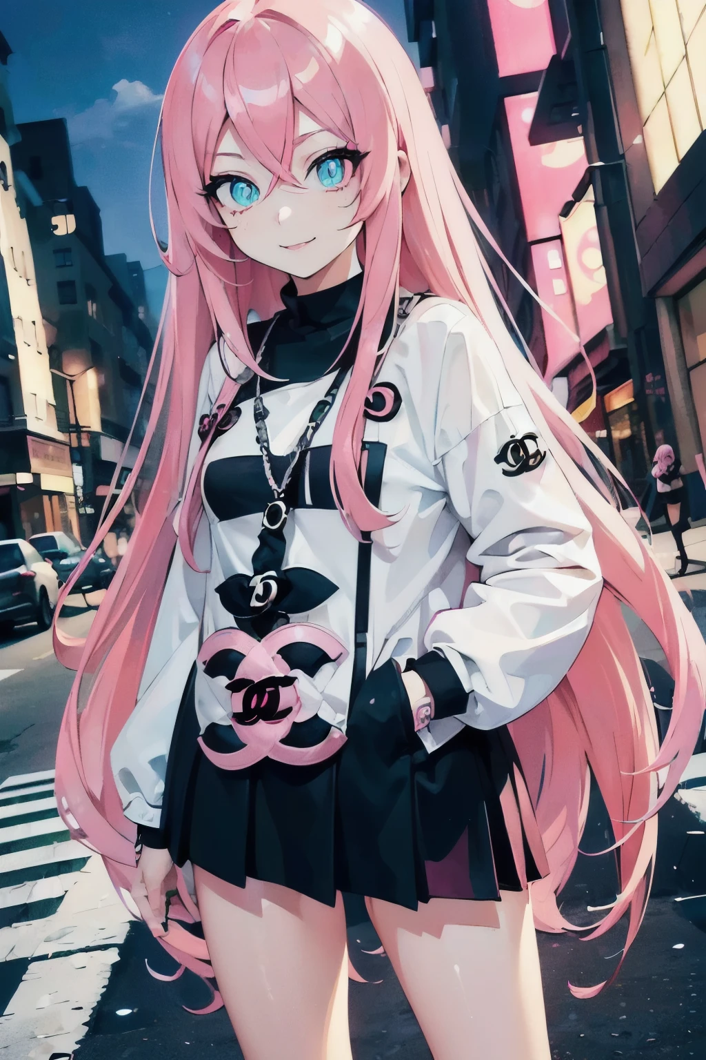 (street snap, Wearing CHANEL and looking happy. )(((masutepiece))) fullllbody(1 girl)((Pink hair, Long hair,Straight hair,two side up)) (Green eyes),eyeshadows, eye line,gloweyes, ultradetailed eyes, intricate eyes, Beautiful eyes, ((Glowing pink pupils))a 18 year old girl, 