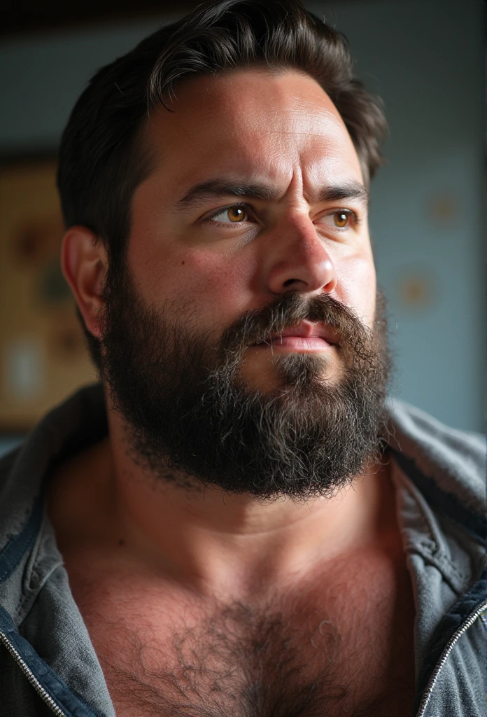 guttonerdvision10, homem com barba e sem camisa, peito peludo, peito peludo e corpo peludo, peito peludo, masculino e forte, meio tiro de um peito peludo nu, peito fofo, ombros peludos, corpos peludos, forte e imponente, thick hairy neck and fluff chest, strong masculine traits, corpo peludo, tronco peludo, cabelo peitoral, capturada com uma Canon EOS 5D Mark IV. The scene is in a soft natural light. The scene should be captured with a high-quality DSLR camera, em um estilo ultra-fotorrealista com detalhes intrincados e um efeito de profundidade de campo --caos 1 --hd --ar 16:9 --iw:3 --without glasses -8k -masterpiece