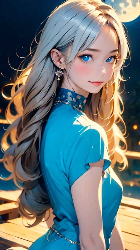 (masterpiece:1.2),(4k),high quality,(perfect anatomy),((arms behind side)),(1 girl),(goddess of the moon),Artemis,silver long hair,beautiful detailed blue eyes,a shy smile,look at viewer,(bioluminescent dress),Undeservedly beautiful,dreamy romantic,fantastic and dreamy theme,mysterious atmosphere,enchanting dream,fantastical scenes,Add a dramatic and symbolic element to your scene,(silver moon),(silver moon light)