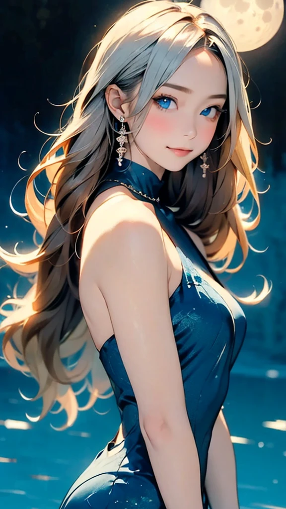 (masterpiece:1.2),(4k),high quality,(perfect anatomy),((arms behind side)),(1 girl),(goddess of the moon),Artemis,silver long hair,beautiful detailed blue eyes,a shy smile,look at viewer,(bioluminescent dress),Undeservedly beautiful,dreamy romantic,fantastic and dreamy theme,mysterious atmosphere,enchanting dream,fantastical scenes,Add a dramatic and symbolic element to your scene,(silver moon),(silver moon light)