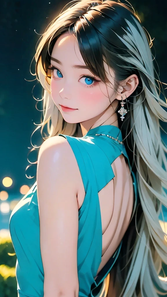 (masterpiece:1.2),(4k),high quality,(perfect anatomy),((arms behind side)),(1 girl),(goddess of the moon),Artemis,silver long hair,beautiful detailed blue eyes,a shy smile,look at viewer,(bioluminescent dress),Undeservedly beautiful,dreamy romantic,fantastic and dreamy theme,mysterious atmosphere,enchanting dream,fantastical scenes,Add a dramatic and symbolic element to your scene,(silver moon),(silver moon light)