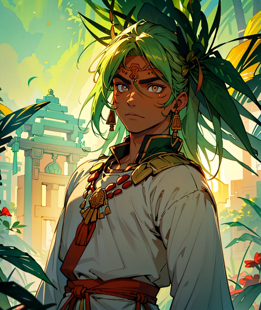 in an amazonian golden city  a beautiful strong man walks lightly. he has a traditional outfit of Aztec people his eyes are visible. he has magnificent ultra detailed golden eyes, his pupils are dilated and isr iris ultra detailed and a magnificent amber color with shades of yellow and green. his gaze is intense and warm. there are a golden city everywhere around him. the environment is hostile to life. he stands facing and looks to the side towards the setting sun. close-up on his gaze. his outfit is a beautiful océan green color. he wears red native amazonian  people makeup around his eyes which has the effect of multiplying the beauty and magnificence of his deep and burning gaze.